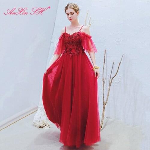 AnXin SH princess Pomegranate red Bride lace red beading rose illusion spaghetti strap ruffles red a line evening dress 160