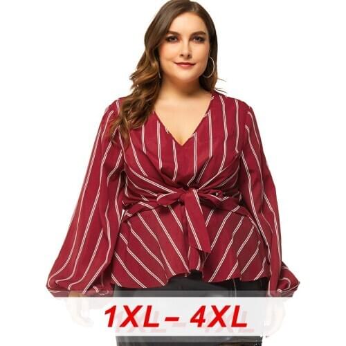 2020 Plus Size Tops for Women Large Blouse Lantern Long Sleeve Loose Casual Stripe V Neck Shirt Belt Red Office Female Blouses
