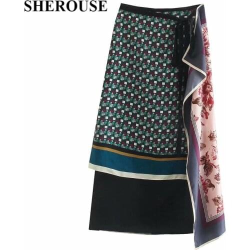 2021 Vintage Women Printed Wrap Skirt Fashion Lace-up High-waist Patchwork Elegant Chic Lady Midi Long skirts Woman jupe