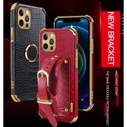 Electroplating Crocodile Pu Leather Wristband Bracket Stand Case For iPhone 6 6s 7 8 Plus SE2020 X Xs XR 12Mini 11 Pro Max Cover