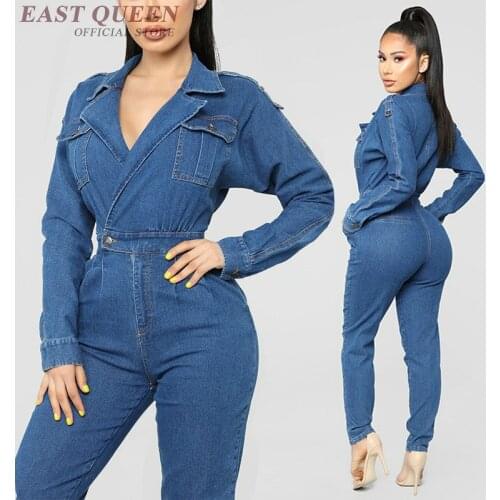 Jean Jumpsuit For Ladies Autumn Bodysuit With Long Sleeves Lapel V Neck High Waist Female Sexy Denim Bodysuit Women 2019 AA4872
