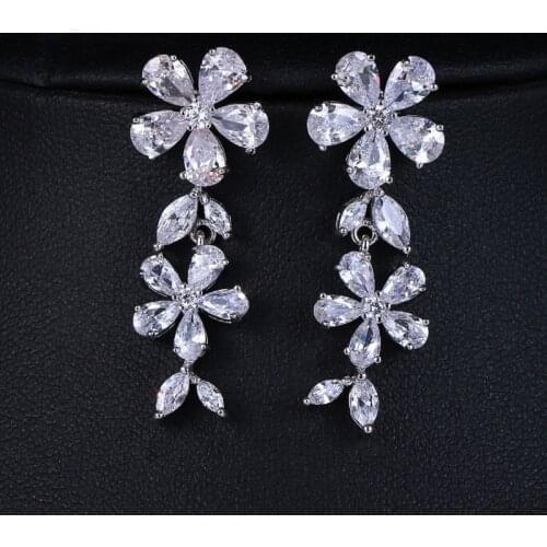 Ekopdee Long Cubic Zirconia Earrings With Flowers Trendy ins Female CZ Crystal Drop Earrings Women Bridal Wedding Jewelry