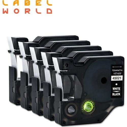 Label World 45021 12mm label tape White on Black tape Compatible for Dymo D1 printer 45021 12mm label tape 5 PACK