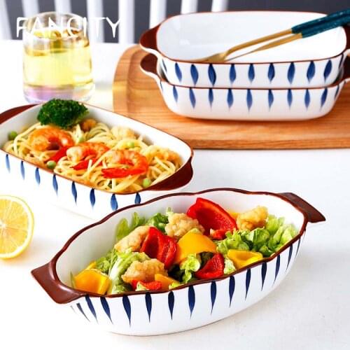 FANCITY Japanese style net red binaural baking tray household rectangular ceramic baking bowl oven special cheese baked rice tra
