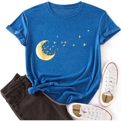 Women Crew Neck Short Sleeve Casual Summer T-shirts Creative Moon Graphic Tee Shirts Tops Female Clothes