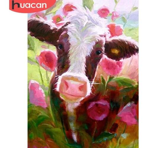 HUACAN Full Square/Round 5d Diamond Painting Cow Mosaic Flower Wall Art DIY Diamond Embroidery Animal Handicraft