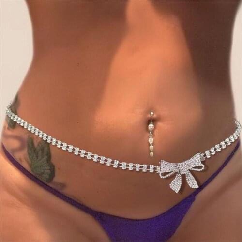 Beautiful Womens Bikini Body Jewelry Sexy Full Rhinestone Double Layer Waist Chain Crystal Bow-knot Body Chain Body Accessories
