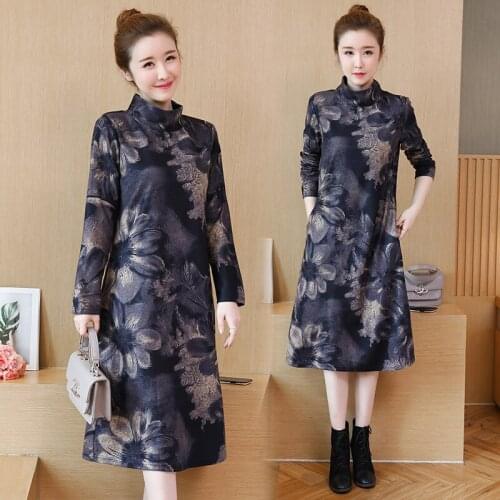Sping Floral High Round Neck A-Line Natural Vintage Simple Long Sleeve Elegant Fashion Plus Size Cocktail Dresses 98