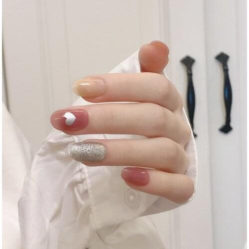 24 PCS Kit Luxury Glitter Pink Acrylic Short Oval Fake Fingernail with Heart Designs Stick on Nails JP1698-B3