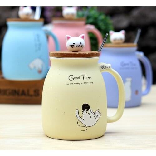 New Sesame Cat Heat Resistance Cup Color Cartoon Cover Tea Cup Kitty Cat Ceramic Mark Cup Childrens Cup