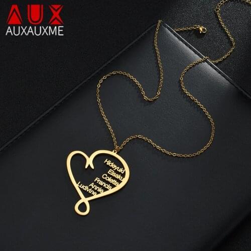 Auxauxme Personalized Multiple Name Heart Necklace Stainless Steel Custom Nameplate Family Member Birthday Gifts for Mom Dad