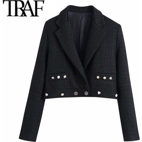 TRAF Women Fashion With Buttoned Tweed Cropped Blazer Coat Vintage Long Sleeve Welt Pockets Female Outerwear Chic Veste