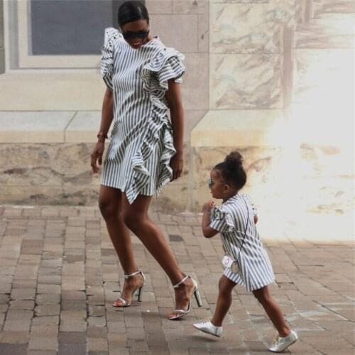 Mother Daughter Dress Family Matching Clothes Spring Autumn Mom and Daughter Matching Dress Ruffles Striped Mini Dress