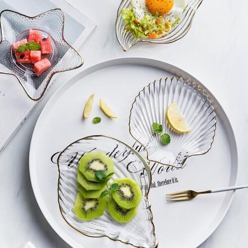 CuteLife Glass Ocean Marine life Transparent Gold Plate Nordic Storage Tableware Set Dish Fruit Snacks Jewelry Cake Salad Plate