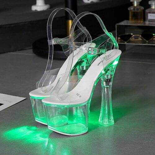 Sandals Clear Heel Multicolor Light-emitting PVC Platform Buckle Strap Super High Heels Square Heel Womens stage dance Shoes