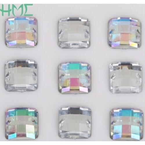 New Square Rhinestones 8/10/12mm Clear AB Crystal 2 Holes Sew On Flatback Beads Jewelry For Cloth Shoes Decoration DIY Craft