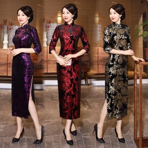 Traditional Chinese Long Dress Women Velvet Cheongsam Prom Qipao Size M-4XL