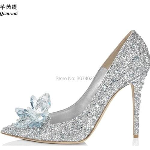 Qianruiti Wedding Shoes Women Cinderella Crystal Pumps Slip On Diamonds Pointed Toe Stilettos Bridal Bling Shoes 11 cm 9 cm 7 cm