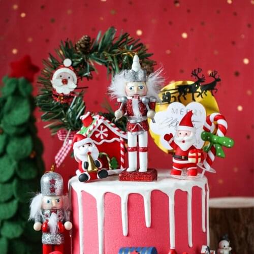 Christmas Cake Decoration Glitter Nutcracker Soldier Ornament Pine Needles Garland Cake Toppers Santa Claus Cupcake Baking