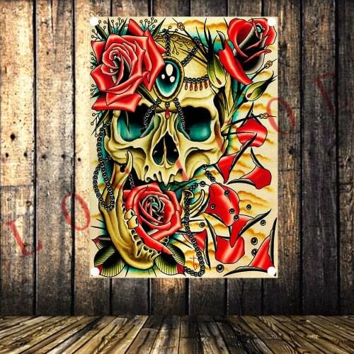 Skull Rose Vintage Banners Flag 4 Gromments in Corners Canvas Painting American Neo Traditional Tattoo Gun Art Poster Tapestry 1