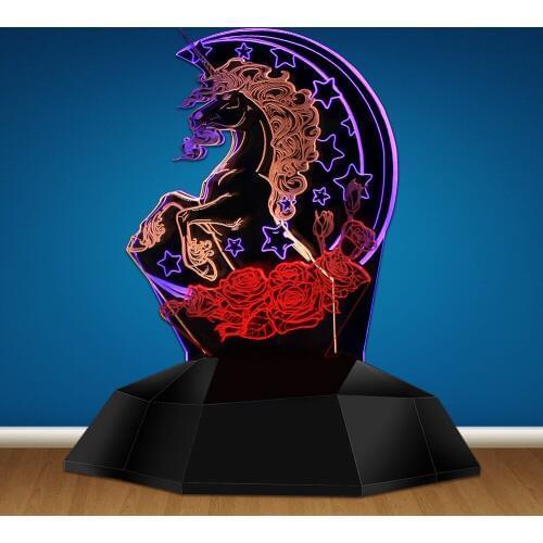 Magical Unicorn With Crescent Stars and Roses 3D Line Light Pastel Goth Flying Horse 3D Optical Illusion Lamp Novelty Table Lamp