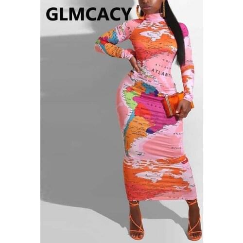 Women World Map Printed Slim Maxi Dress Elegant Long Sleeve Evening Party Pencil Long Dresses Robe
