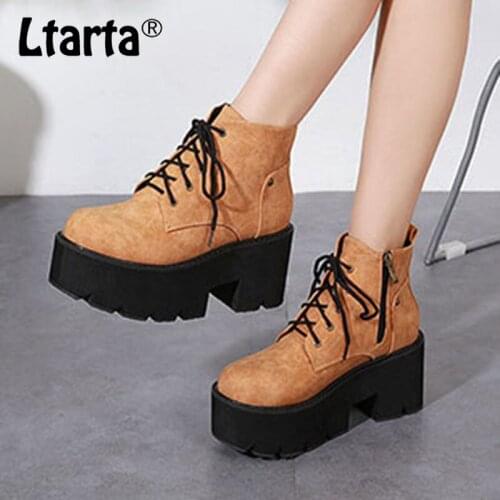 LTARTA Black Brown Women Boots Platform Thick Heels Winter Ankle Boots Bottom Thick Belt High Heel Boots Lace-Up JXQ-7693