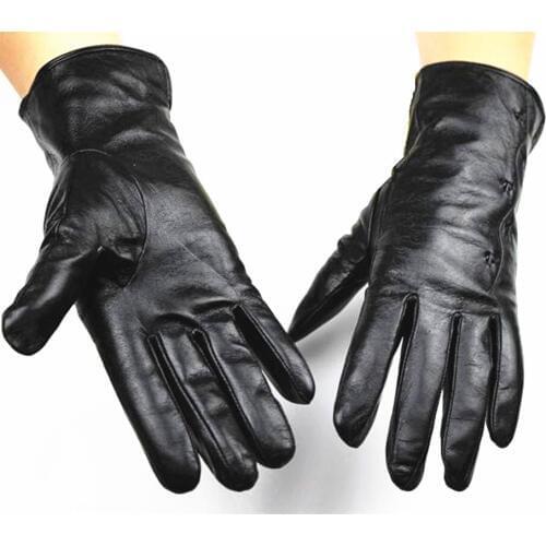 Womens Finger-finger Leather Gloves Plus Velvet Lining Black Sheepskin Winter Warm Gloves Free Shipping