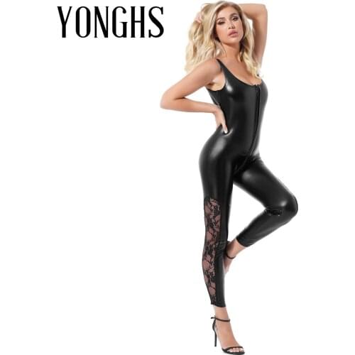 Womens Sleeveless Unitard Catsuit Wet Look Patent Leather Zipper Clubwear See-through Floral Lace Patchwork Pants Jumpsuits