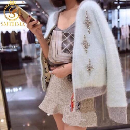 SMTHMA 2021 New Autumn & Winter Knitting Sweater Cardigan Solid Color Diamond Mosaic Mink Cashmere Sweaters Female Jacket Coats