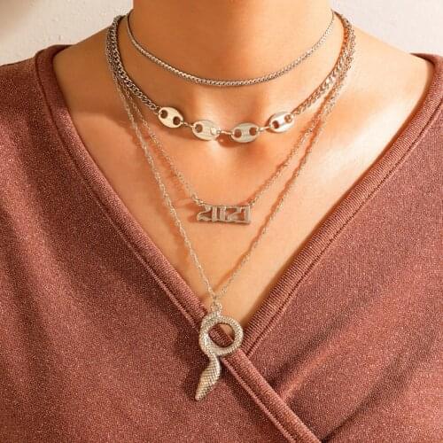 HuaTang Bohe Snake Animals Pandent Necklace for Women Silver Color Geometry Letter Multi-layer Clavicle Chain Jewelry Collar