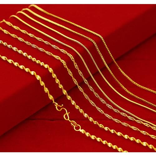 Genuine 18k Yellow Gold Plated Color Necklace For Women Water Wave Chain Snake Bone/Box/O Chain 45cm Necklace Pendant Jewelry