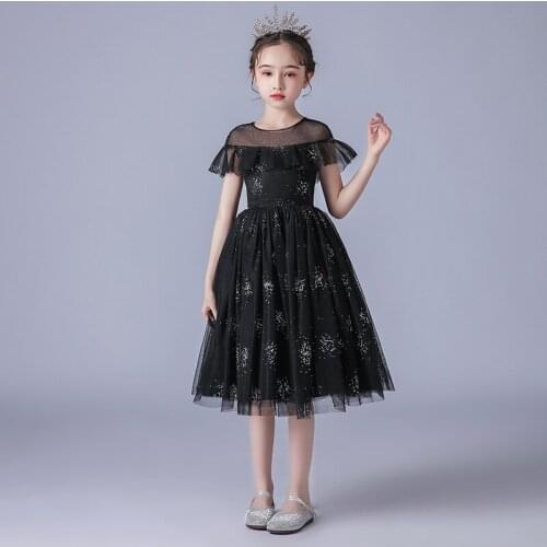 Black Lace Girls Summer Dress Beads Elegant Lace Flower Girls Princess Formal Wedding Pageant Dresses Kids Graduation Party Gown