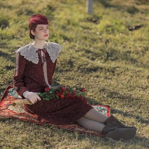 Design Spring Original Autumn Women Dresses Vintage Mori Girls Embroidery Lapel Sequins Beading Knitted Wine Red Dress