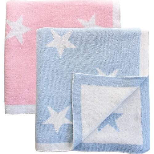 2 layers Reversible Super Soft Cotton Knitted Baby Blanket Blue Pink Stars Pattern Crochet Newborn Swaddle Infant crib Quilt