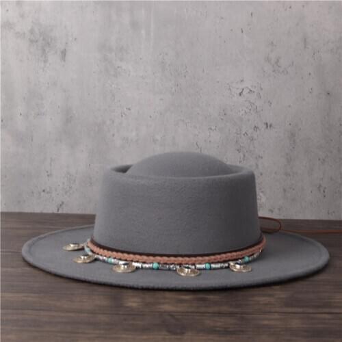 Women Men Wool Fedora Hat Lady Tassel Pork Pie Hat Gentleman Flat Church Porkpie Top Jazz Hat Size 56-58CM