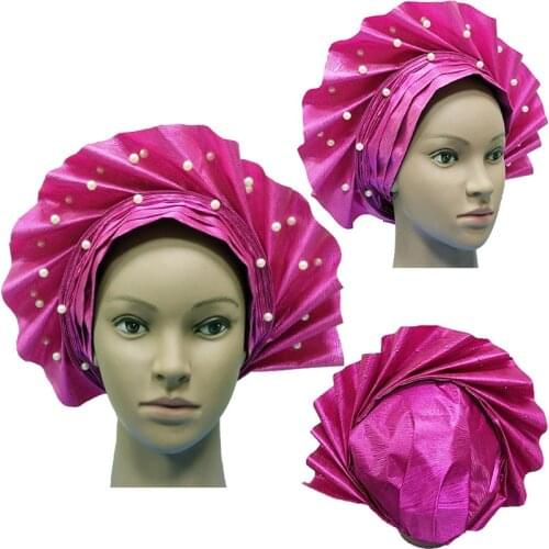 New Luxury Hats gele aso oke headtie with beads AUK017 HIgh quality Aso Oke Gele Headtie Nigerian Traditional wedding Use