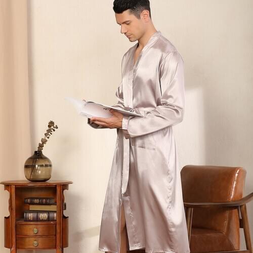 Mens Bathrobe Satin Silk Sleepwear Solid Color Nightwear Kimono High-quality Casual Nightgown Pajama Male Robe халат мужской