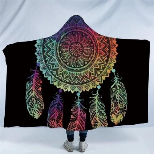 Indian Mandala Hooded Blanket for Adults Kids Pink Blue Sherpa Fleece Woman Throw Blanket Flannel Bohemian Hooded Blanket