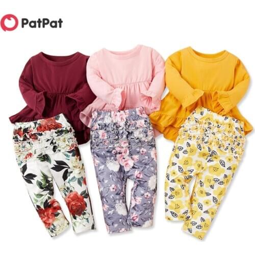 PatPat 2021 New Spring and Autumn Baby Toddler Girls Solid Dress and Allover Pants Sets Flower Print Trendy Baby Sets
