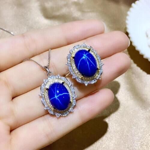 Best Polular Sapphire Jewelry Set Natural And Real 925 Sterling Silver Fine Jewelry 1pc Sapphire Ring,1pc Sapphire Pendant