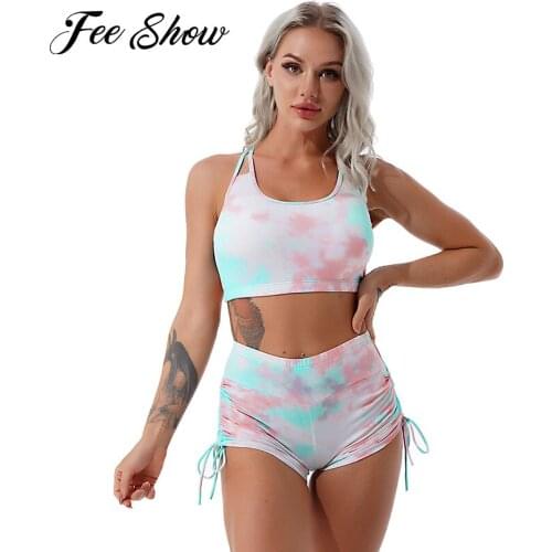 2021 Summer Tie Dye Bikini Set Swimwear Womens Swimsuits Sport Mesh Top Vest High Waist Shorts Swimming Beachwear Bathing Suits