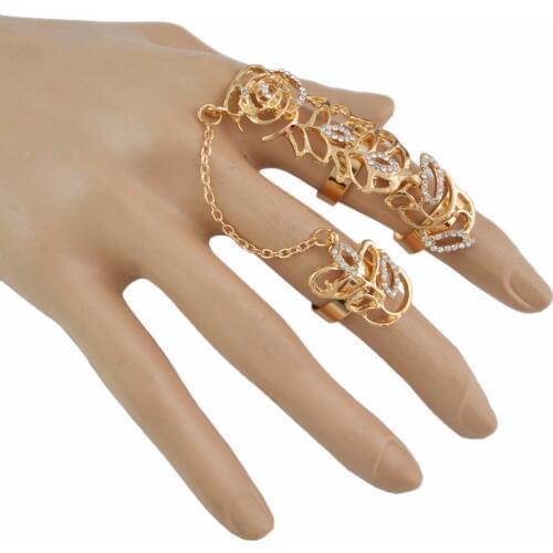 Fashion Indian Hollow Flower Gold color Metal Chain Link Crystal Knuckle Adjustable Finger Ring For Women Party Jewelry 2018