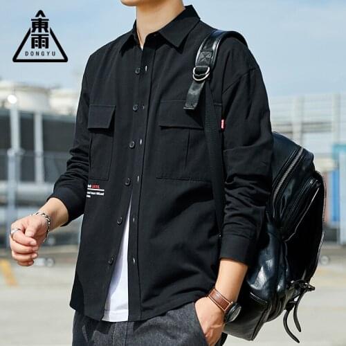 Mens Trendy Shirt Slim Long Sleeve Casual Solid Color Pocket Simple Design All-match Shirt Mens Spring Autumn Jacket Workwear