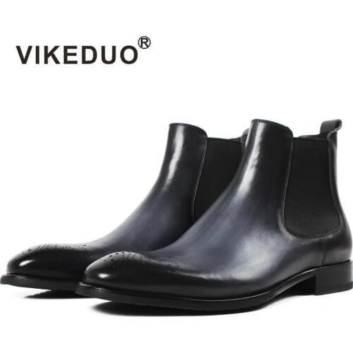 VIKEDUO 2019 Mens Chelsea Boots Gray Genuine Cow Leather Male Botas Brand Handmade Brogue Ankle Boot Classic Footwear Masculino