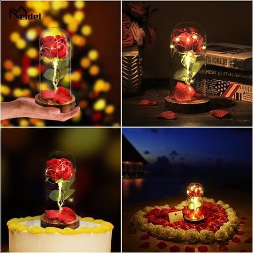 Real Touch Artificial Flowers Silk Plastic Rose Branch in Flask LED Rose Bottle Lamp Festival Party Gift Box Fake Flowers Meldel