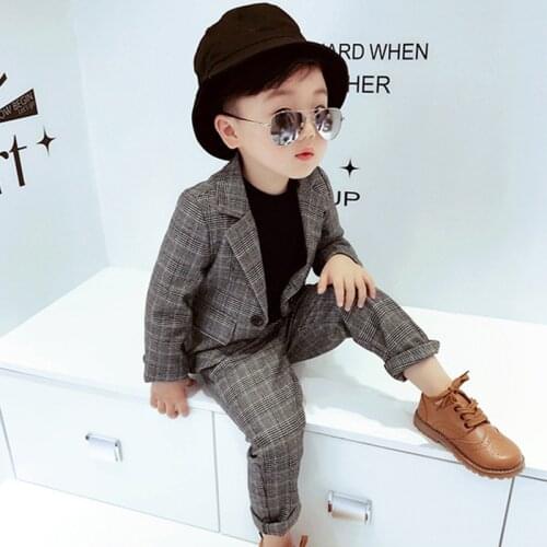 Autumn spring Children Formal plaid Suit Set Boys Plaid Blazer Trousers 2pcs Clothes Set Kids British Style Party School Costume
