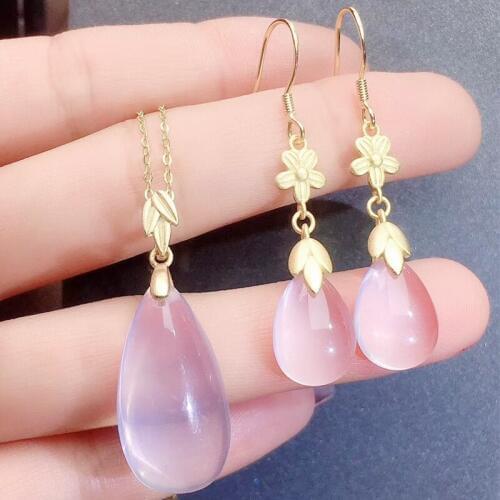 Per jewelry Natural rose quartz drop jewelry set 1pc ring 1pc pendant 4.5ct*2pcs 15ct*1pc gemstone 925 sterling silver J20517
