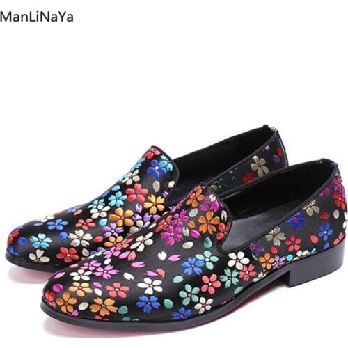 Genuine Leather Leisure Print Flower Casual Shoes Round Toe Slip on Male Loafers Mixed Colors Breathable Men Smoking Slippers