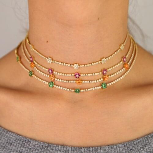 Gold filled green orange white flower Romantic girlfriend colorful tennis cz choker necklace 2019summer design Gorgeous jewelry